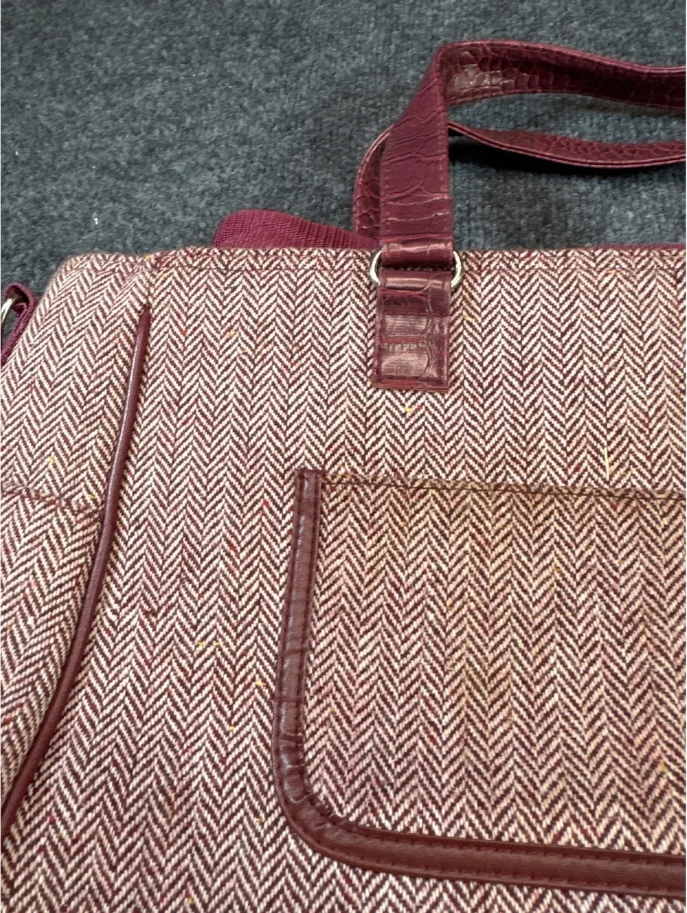Womens Red Herringbone Weekender Duffel Bag Carry On Travel Shoulder Tote